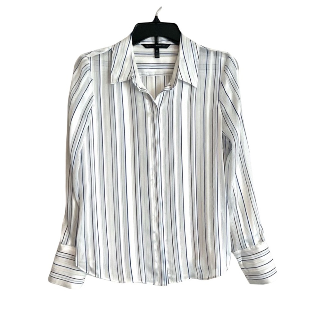 White House Black Market Satin Stripe Long Sleeve Blouse~XS~White & Blue~NWOT